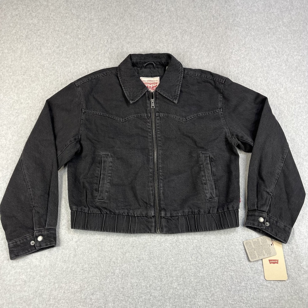 Levi's Women's Black Zip Denim Jeans Bomber Jacket Cropped Size Large
